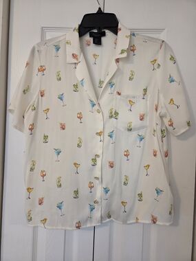 RACHEL Rachel Roy White Camp-Collar Button-Down with Multicolor Cocktail Print
